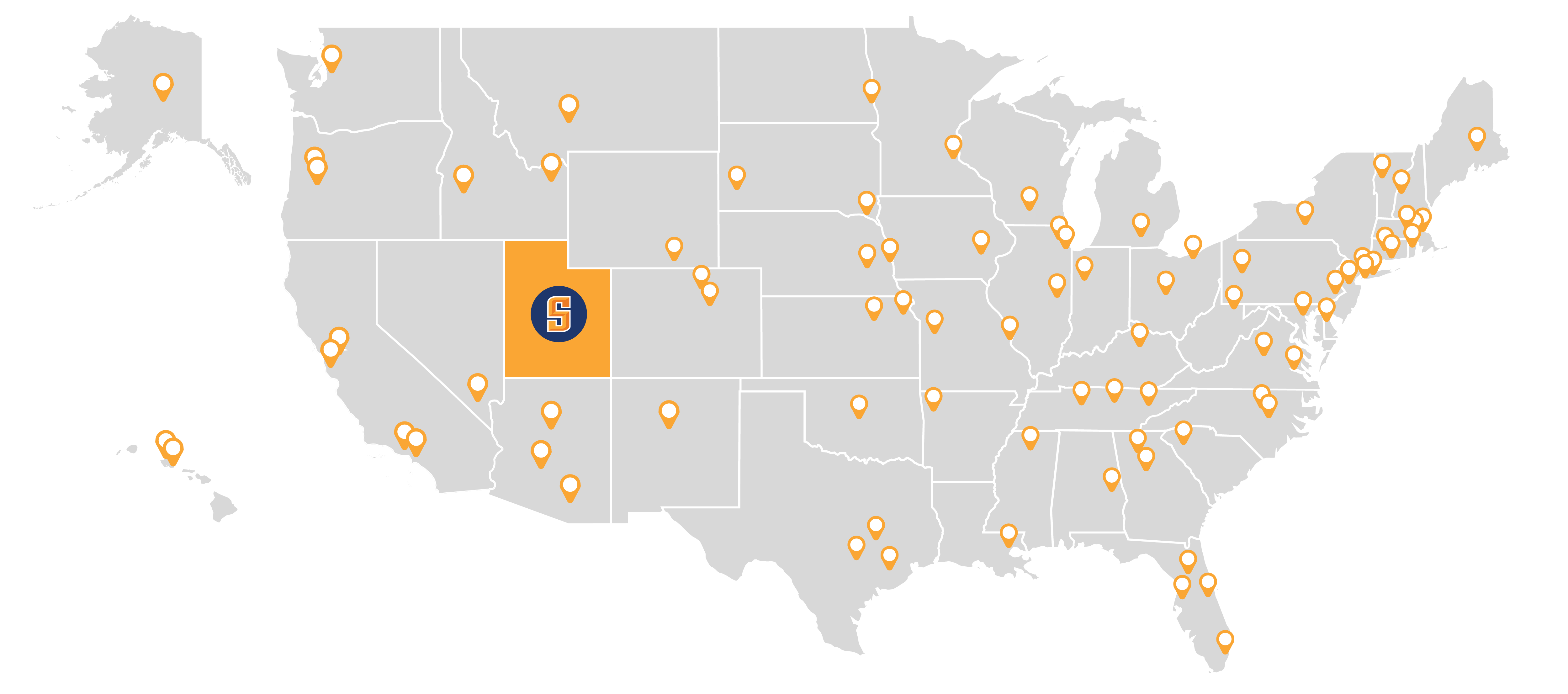 United states map with orange pins placed to transferable universities.