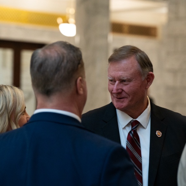 Snow College President Stacee McIff and Executive Director of Advancement and Government Relations Cameron Brooks visit with Utah legislators