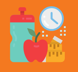 Exersizing waterbottle, apple, and a clock.